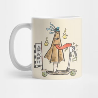 Funny Japanese folklore creature KasaObake riding scooter! Mug